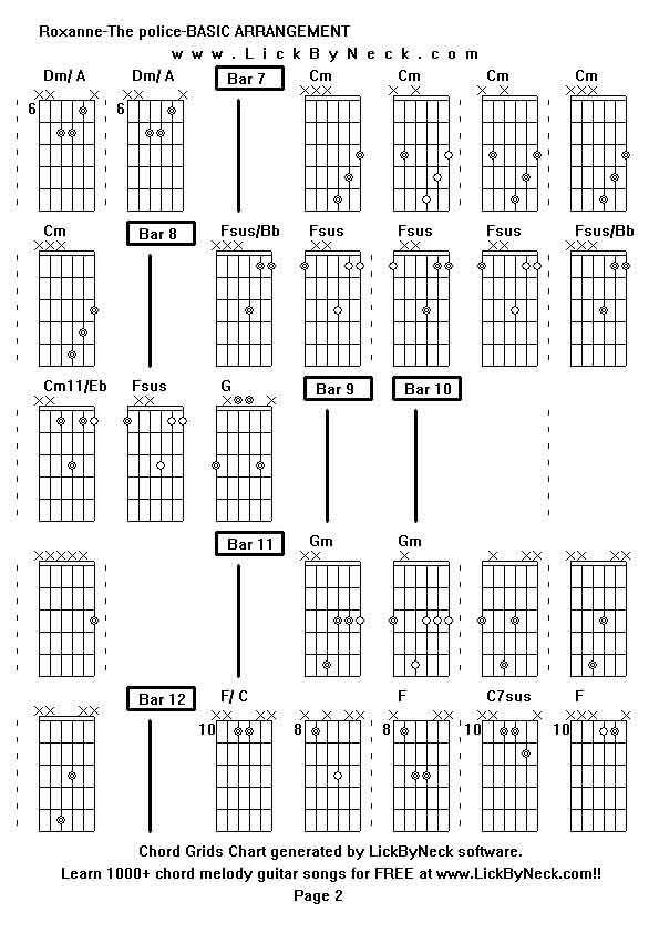 Chord Grids Chart of chord melody fingerstyle guitar song-Roxanne-The police-BASIC ARRANGEMENT,generated by LickByNeck software.